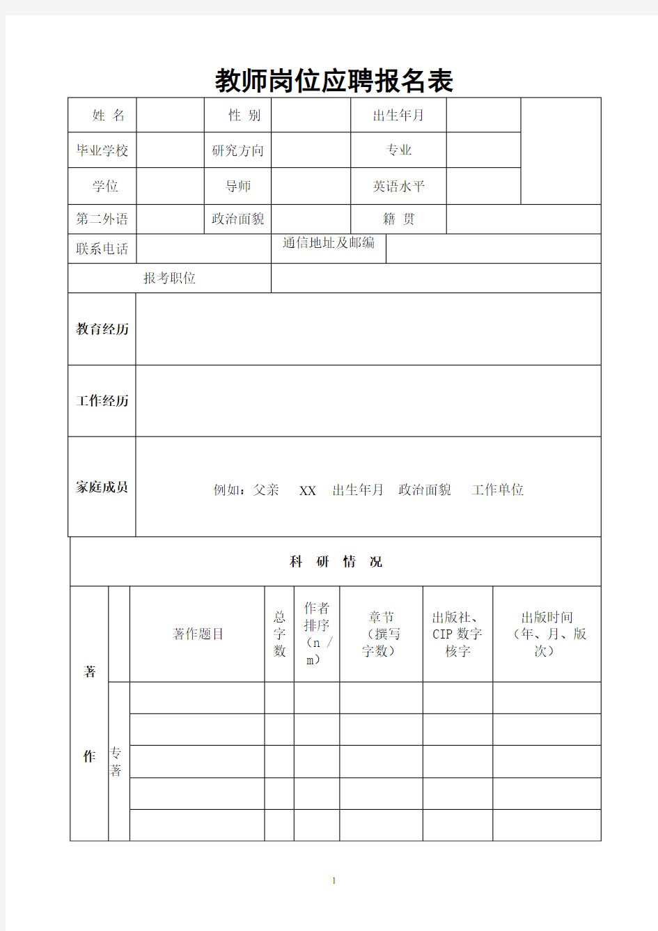 教师岗位应聘报名表【模板】