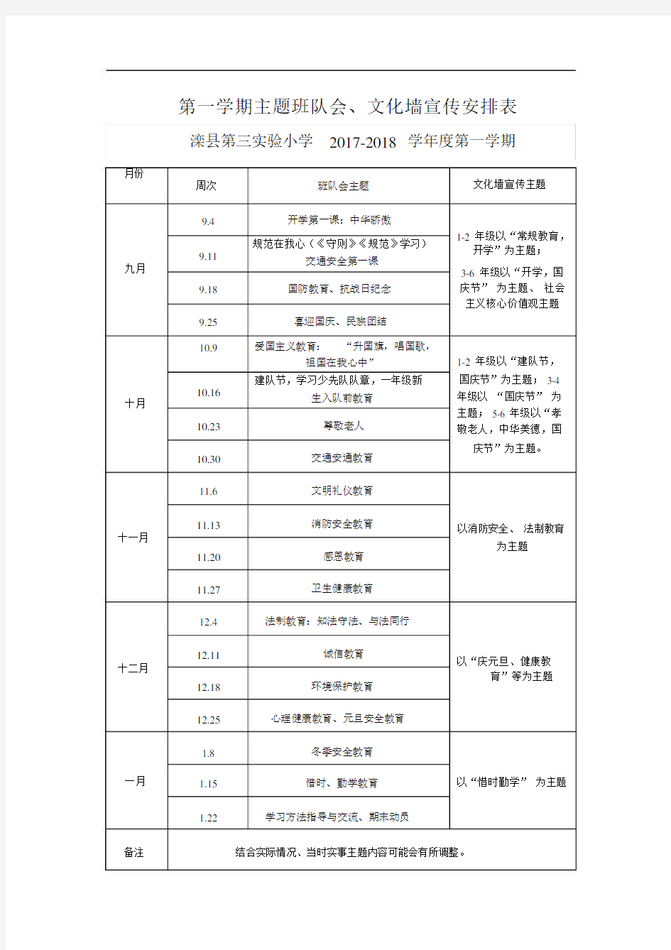 (完整word版)第一学期主题班队会安排表.doc