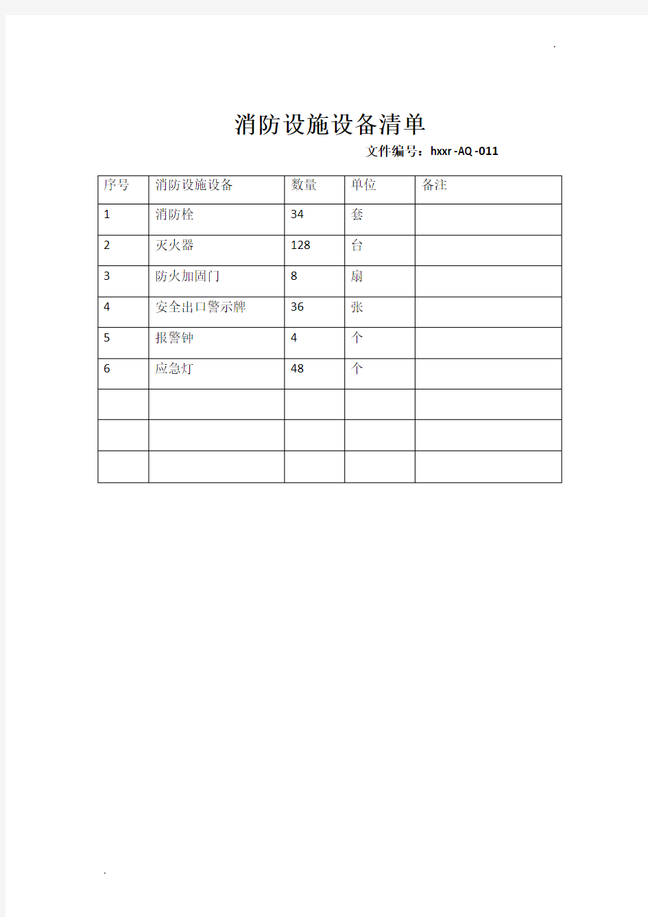 消防设施设备清单