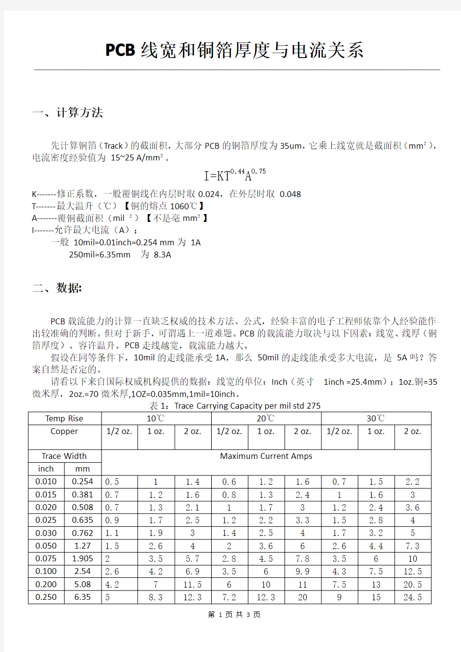 PCB线宽和铜箔厚度与电流关系