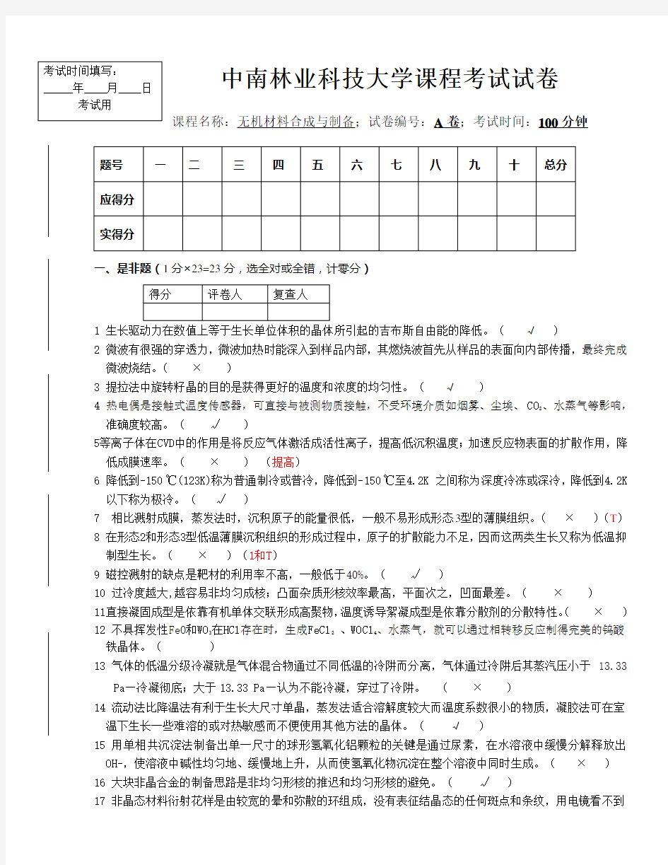 2015无机材料合成与制备试卷A