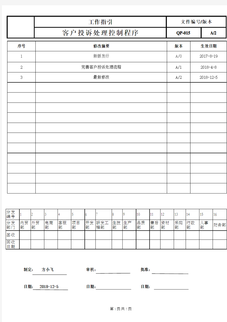 客户投诉处理控制程序试行版