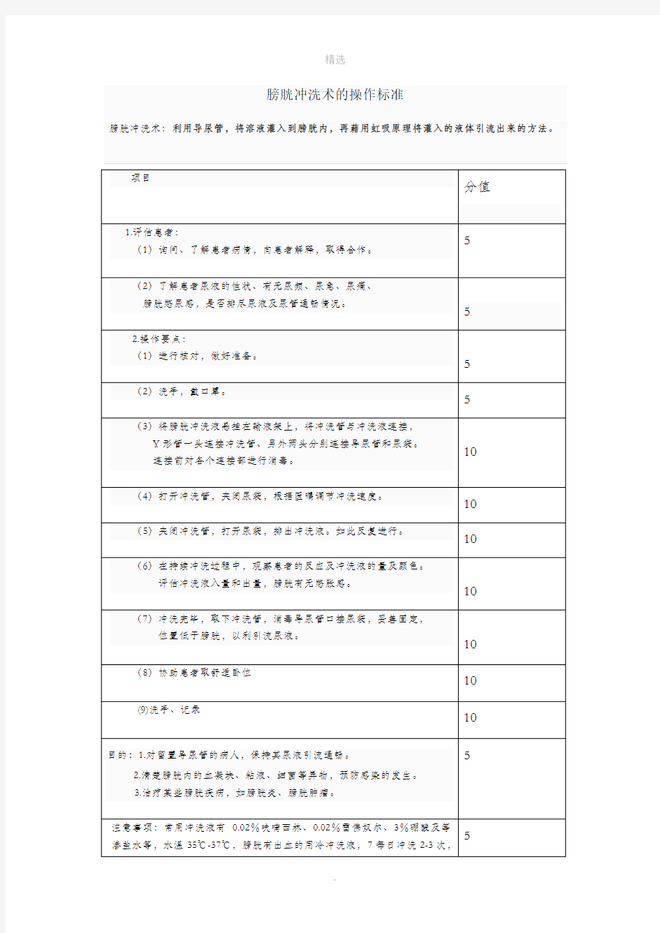 膀胱冲洗操作评分标准