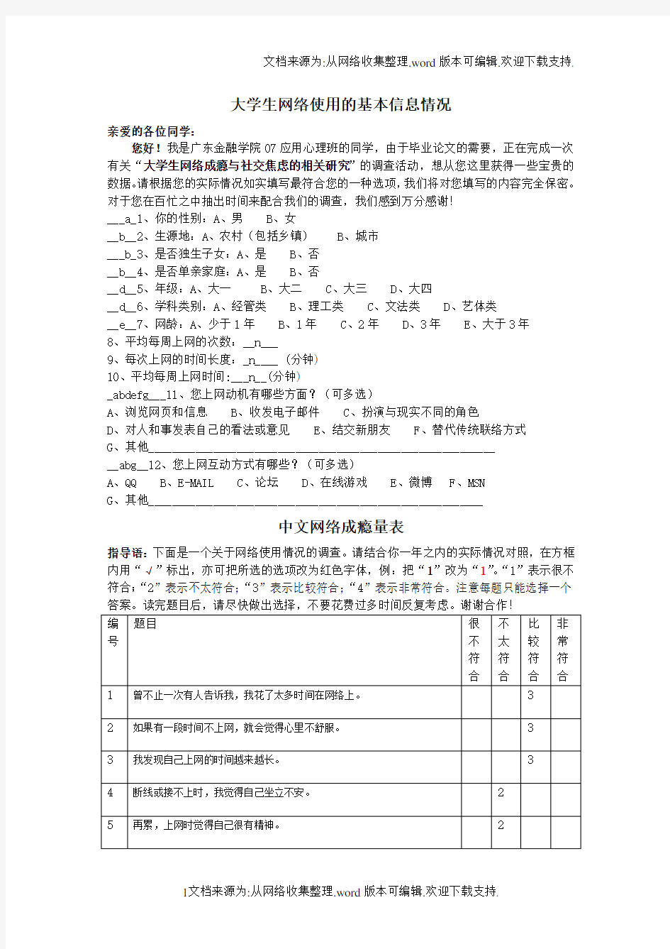 毕业论文调查问卷