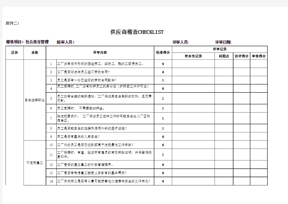 供应商稽查CHECKLIST ---空白表格