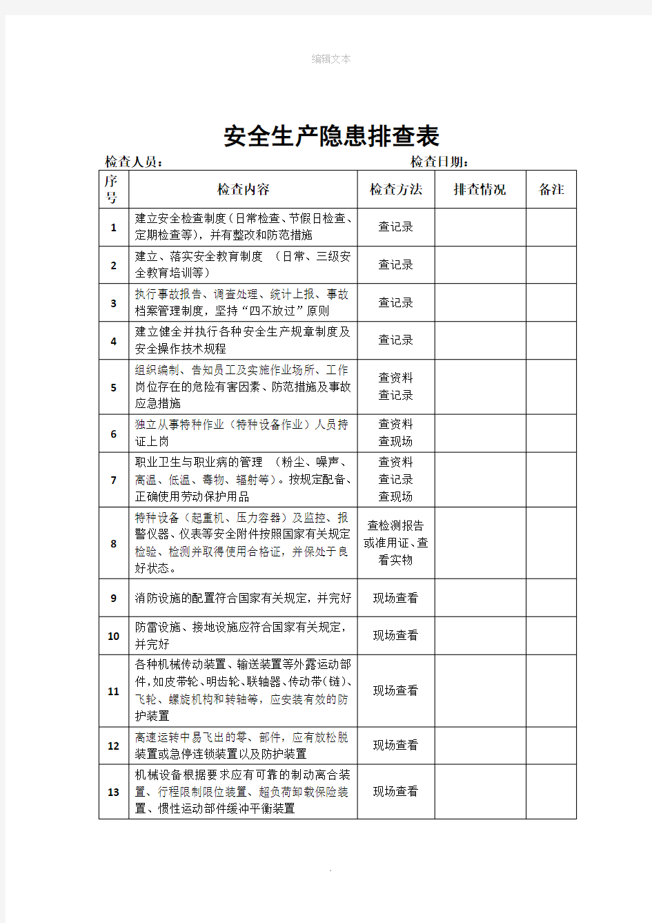 车间安全生产隐患排查表