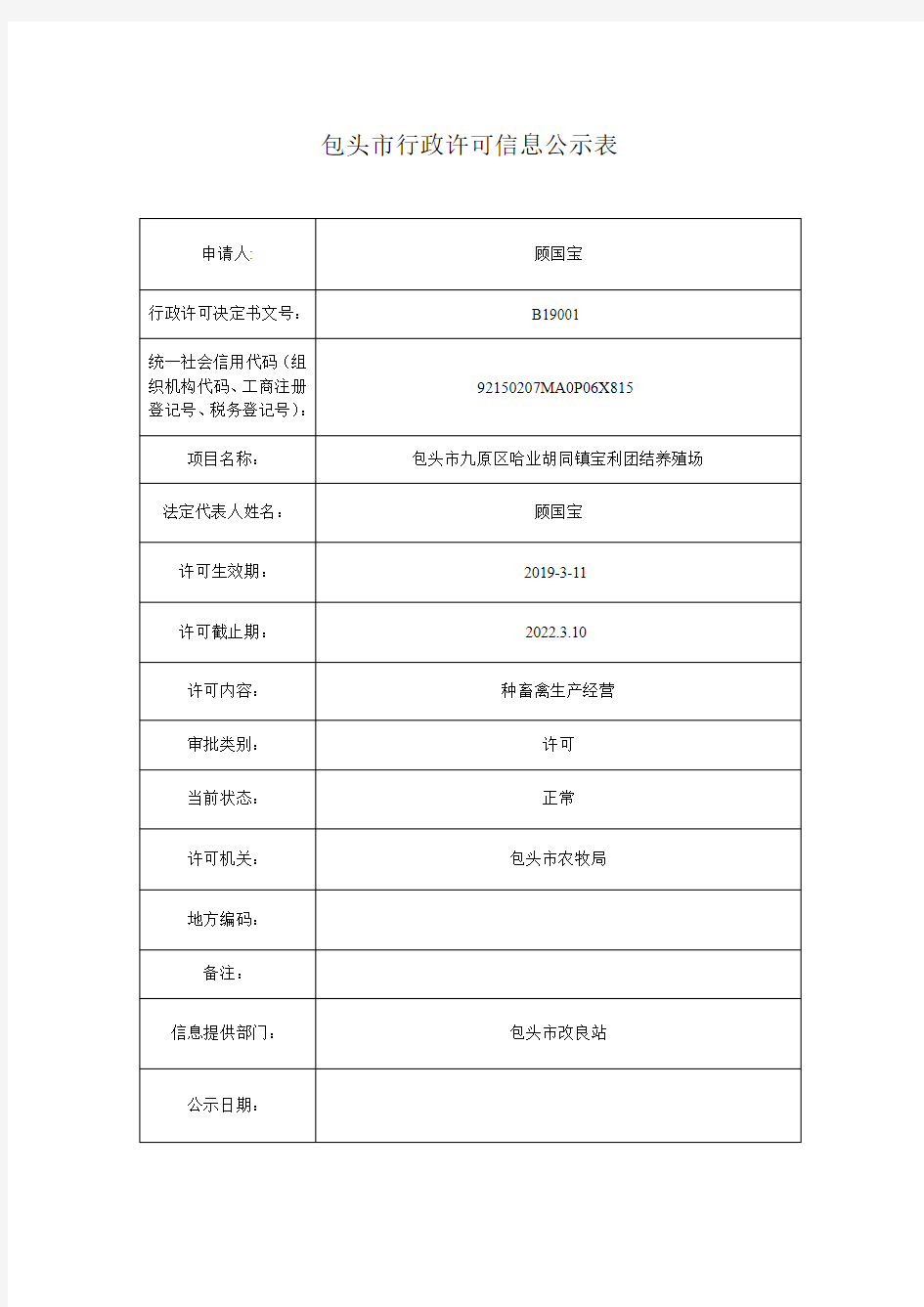 包头市行政许可信息公示表