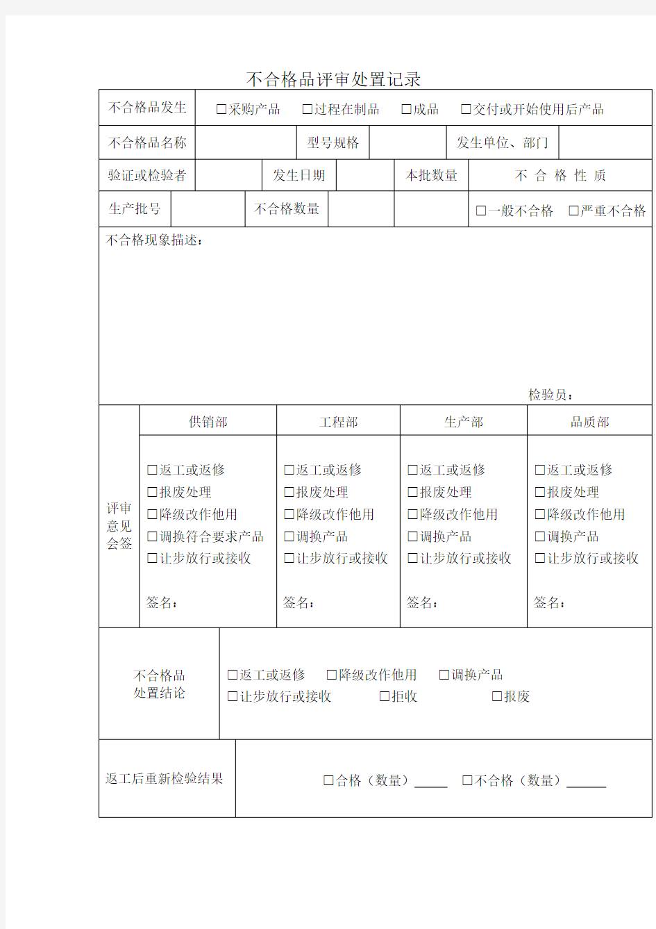 不合格品评审处置记录(表格模板、doc格式)