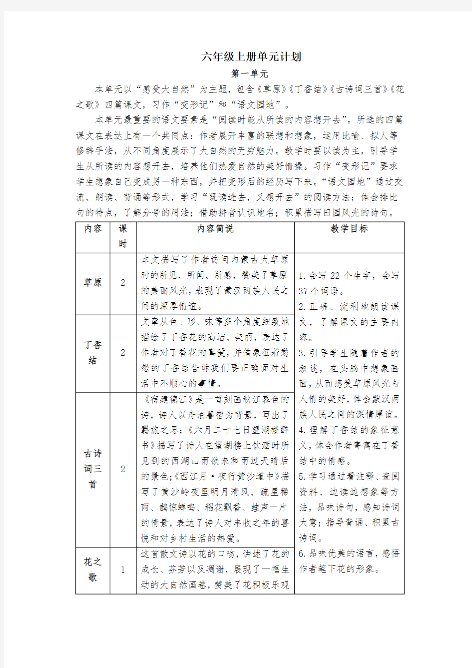 (完整版)部编版六年级语文上册单元计划