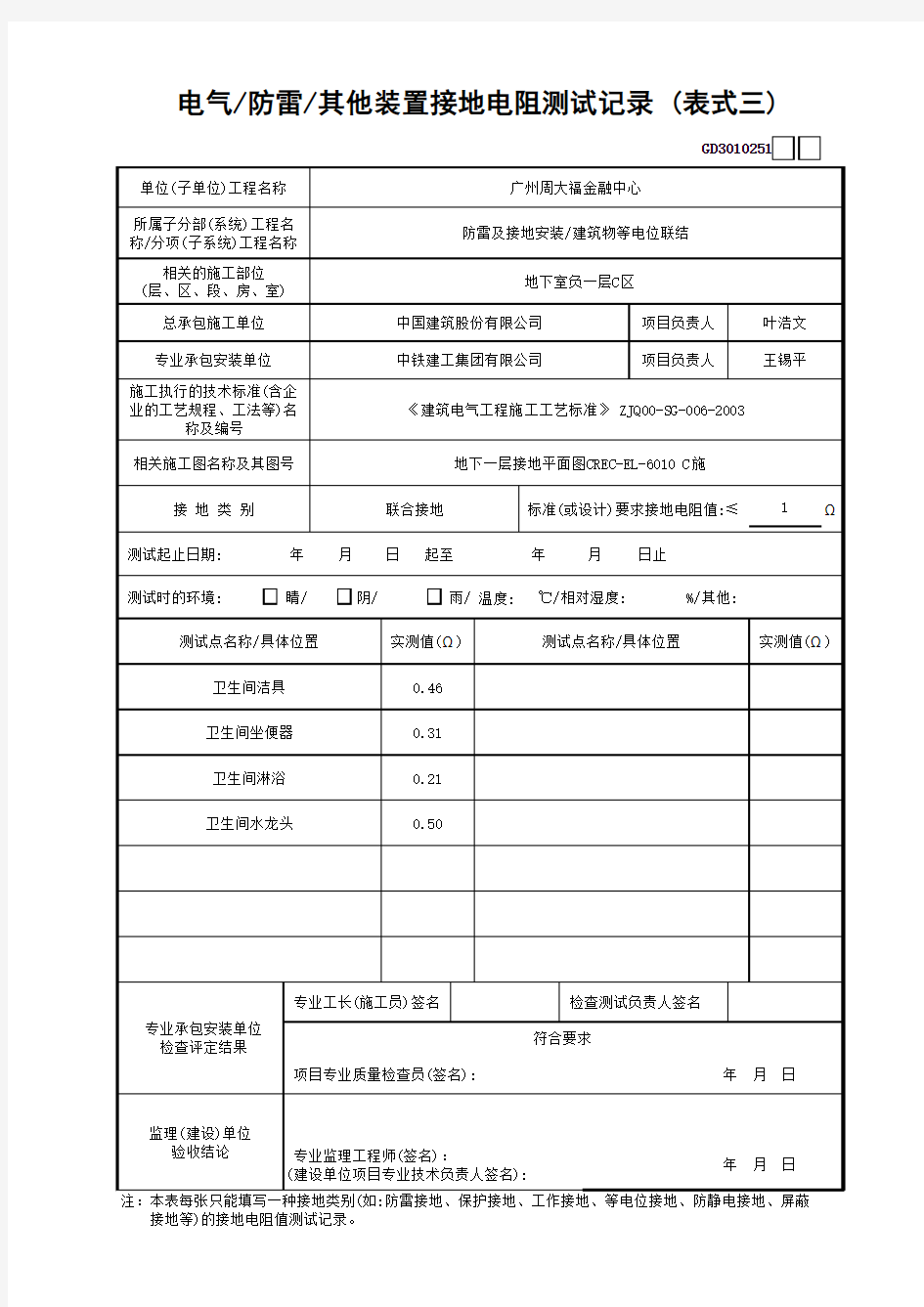 电气防雷其他装置接地电阻测试记录 (表式三)