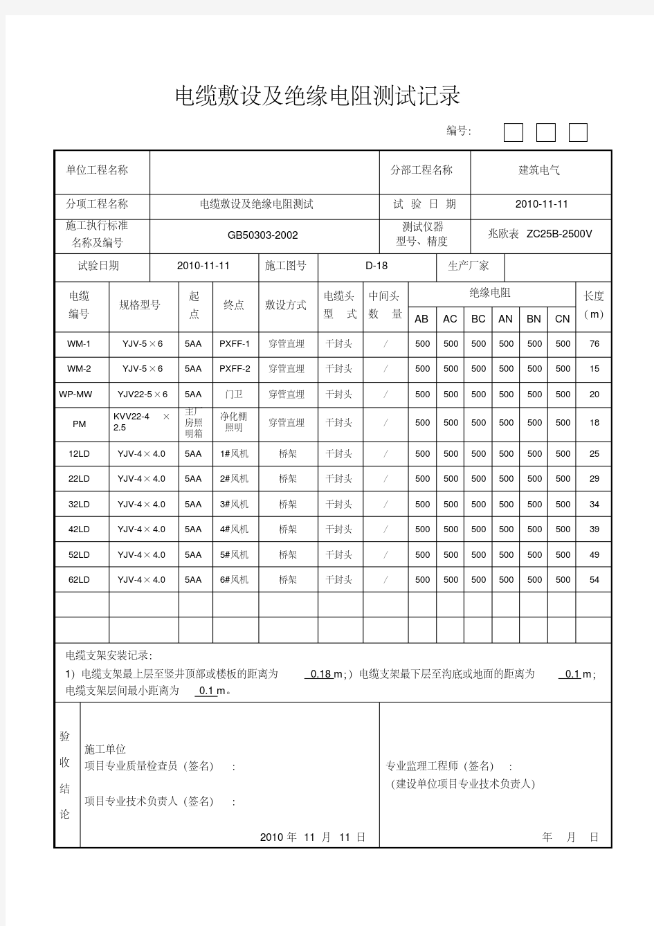 电缆绝缘电阻测试记录表