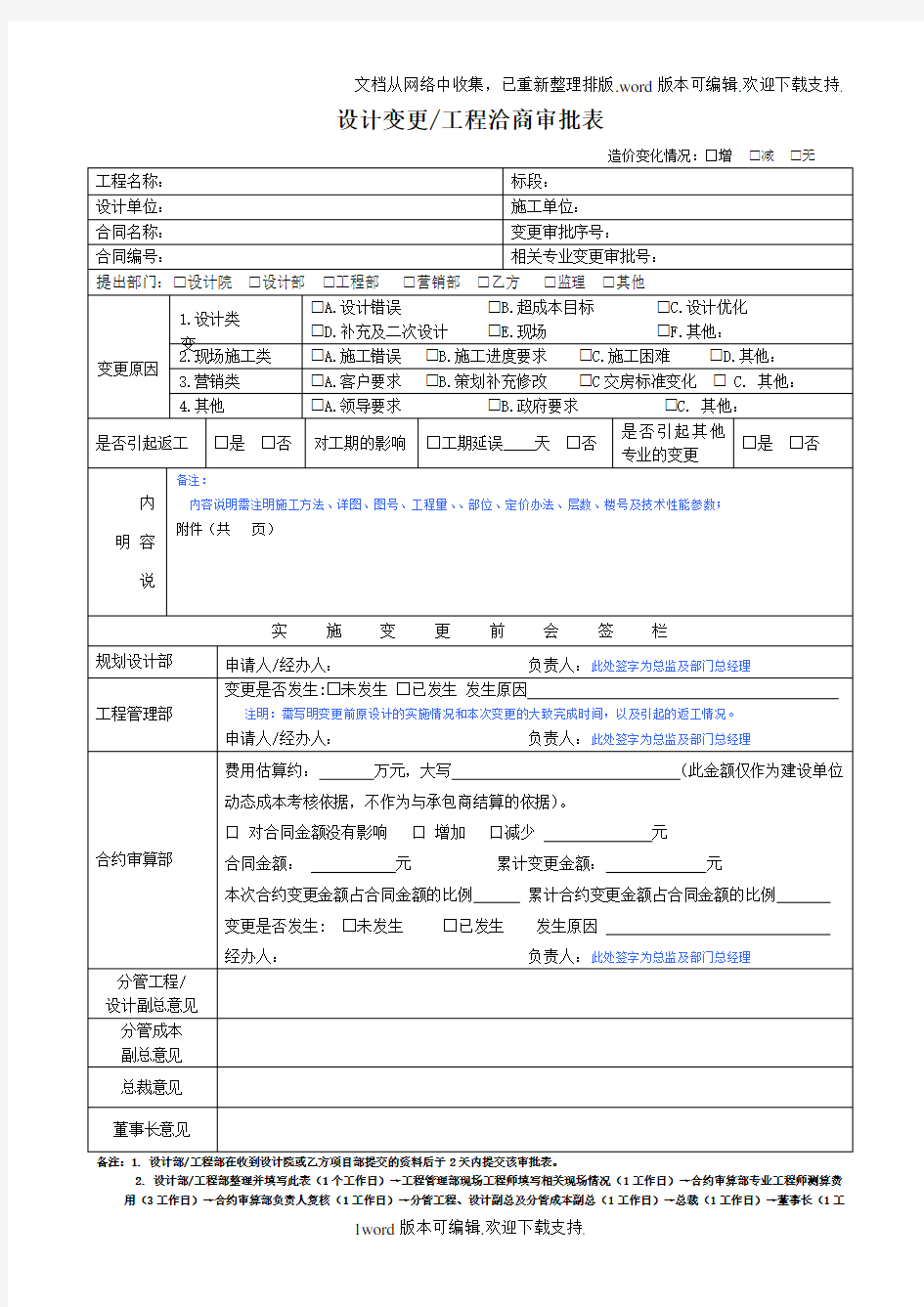 工程洽商审批单、设计变更、技术核定及现场签证相关表格.doc