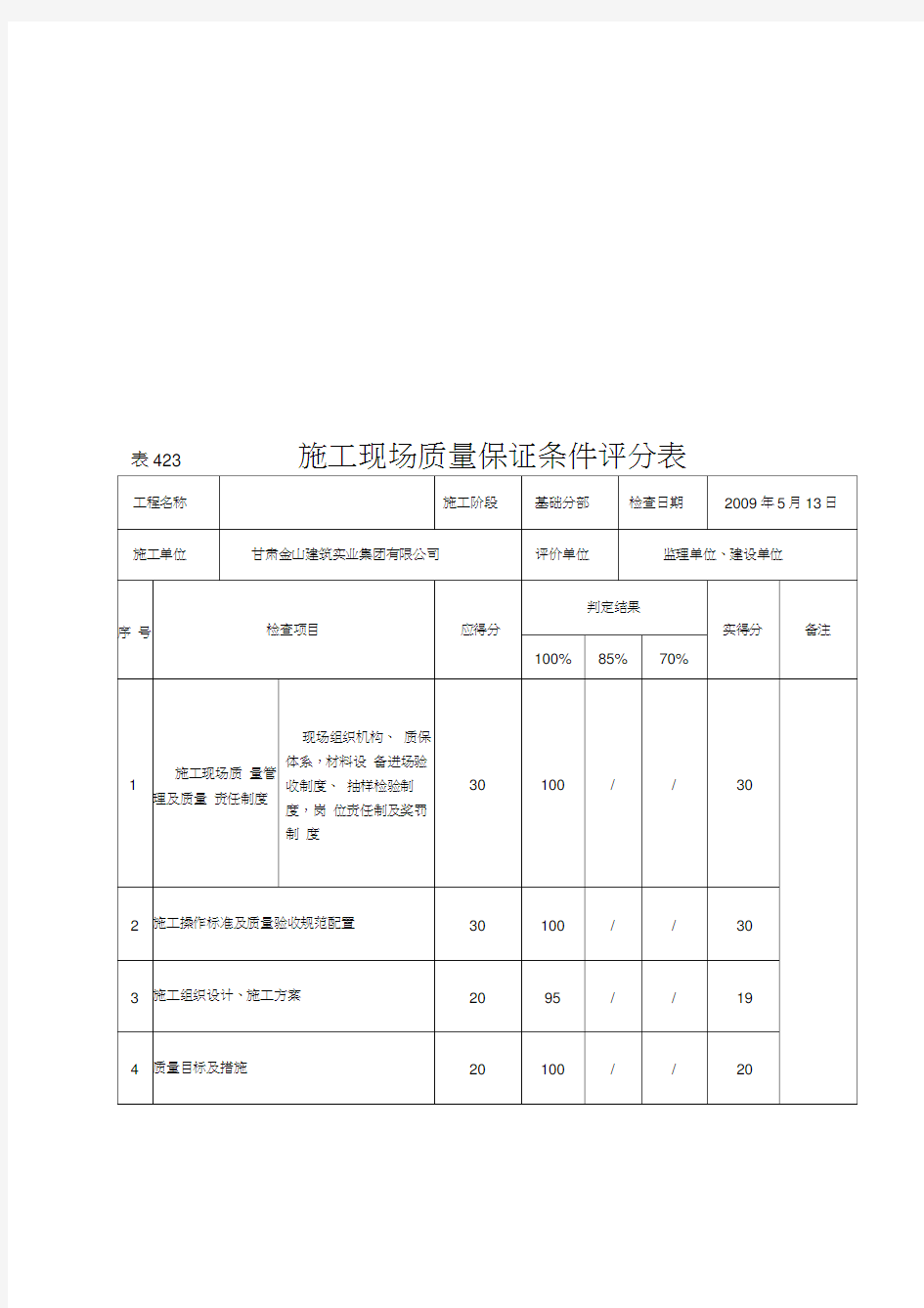 《建筑工程施工质量评价标准》(表格)