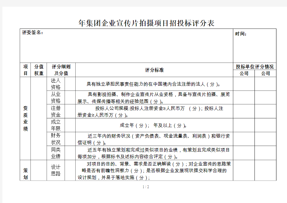 年集团企业宣传片拍摄项目招投标评分表