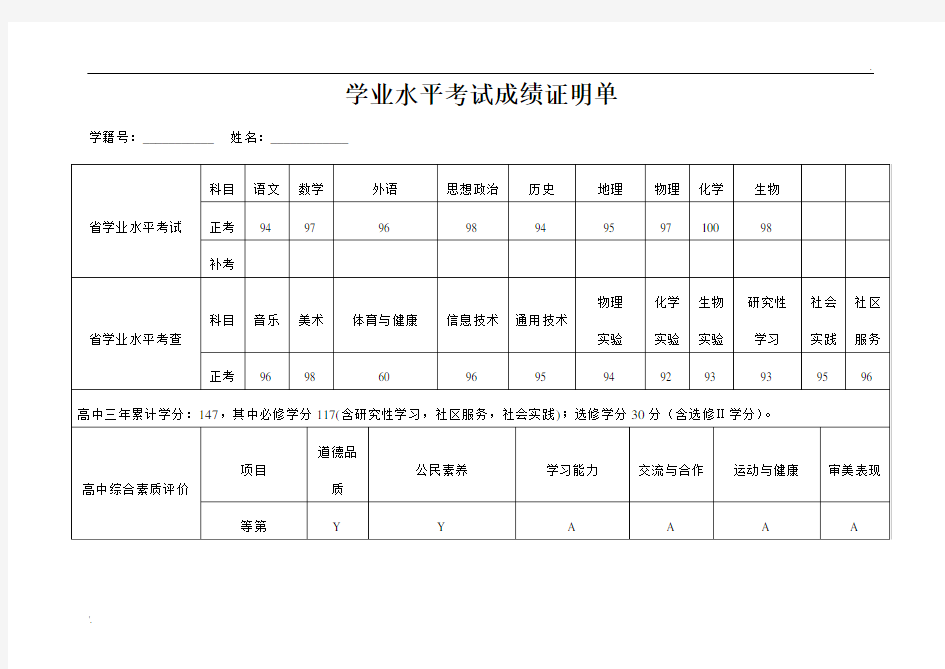 学业水平考试成绩证明