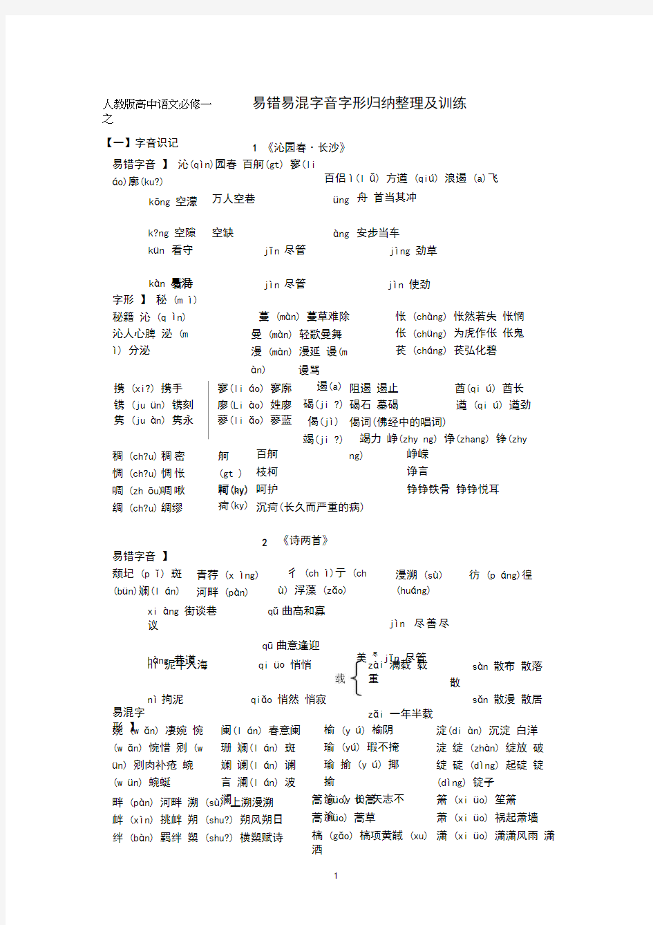 人教版高中语文必修一字音字形训练(含答案解析)