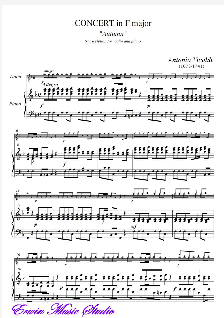 Piano安东尼奥·维瓦尔第《F大调小提琴协奏曲〝秋〞》作品.8.第3号.选自四季小提琴曲谱 钢琴伴奏曲谱