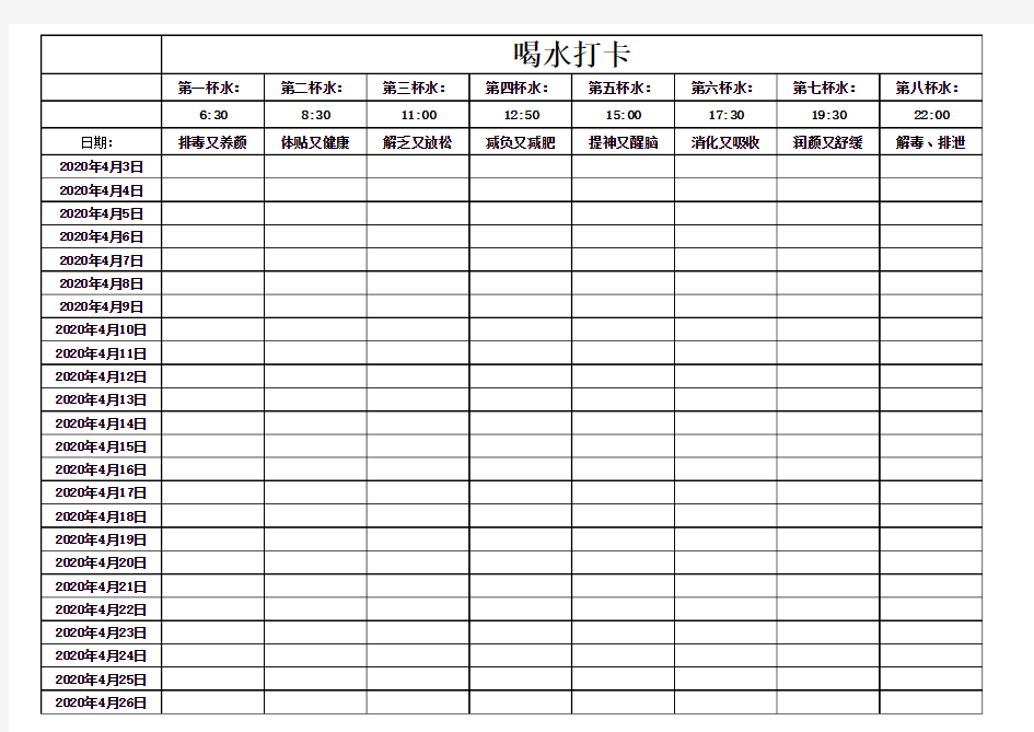 喝水打卡表(健康提醒)