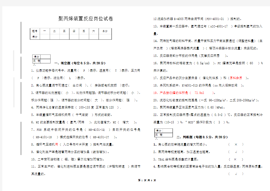 1聚丙烯装置反应岗位试题(1)