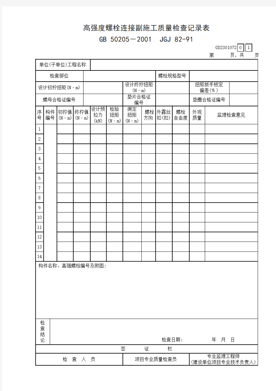 高强度螺栓连接副施工质量检查记录表GD2301072