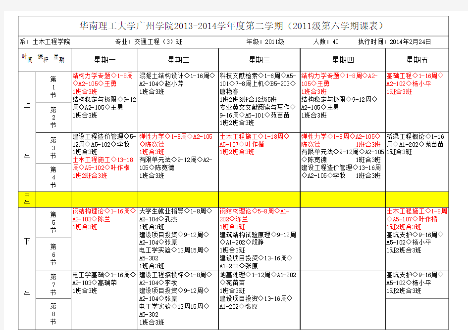 2011级土木工程学院专业大三课程表