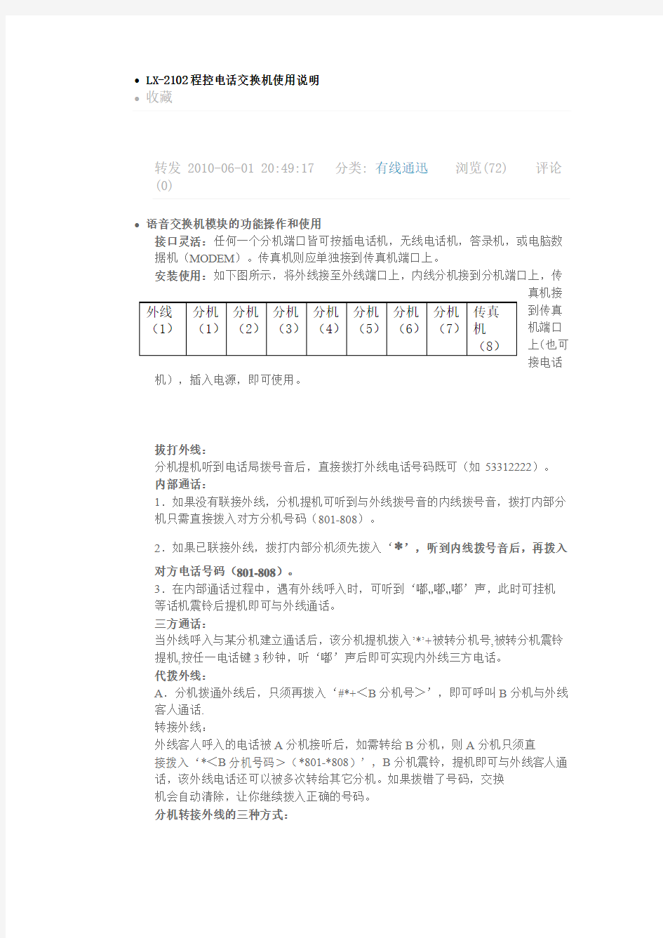 LX-2102程控电话交换机使用说明