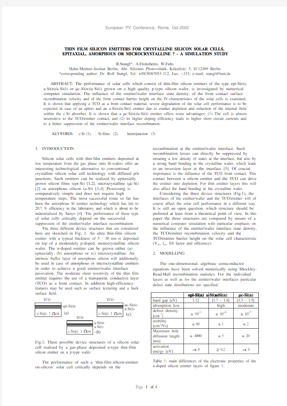 23-Thin Film Silicon Emitters for Crystalline Silicon Solar Cells, epitaxial, amorphous or microcrys