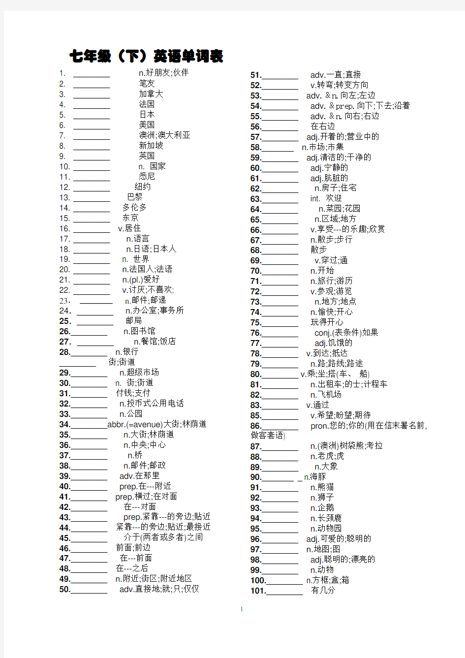 七年级下册英语单词表(全测试版)