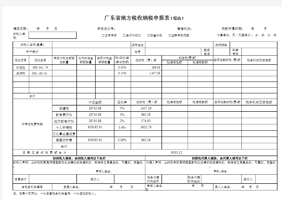 广东省国税增值税预缴税款表  广东省地方税收纳税申报表(综合)