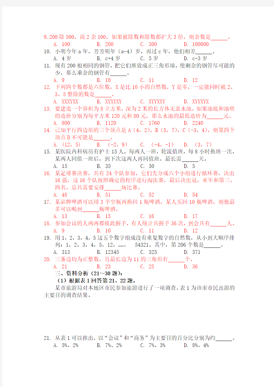 上海市公务员考试行政职业能力测试试题及答案