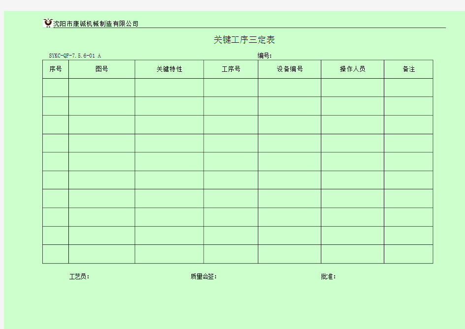 关键工序三定表