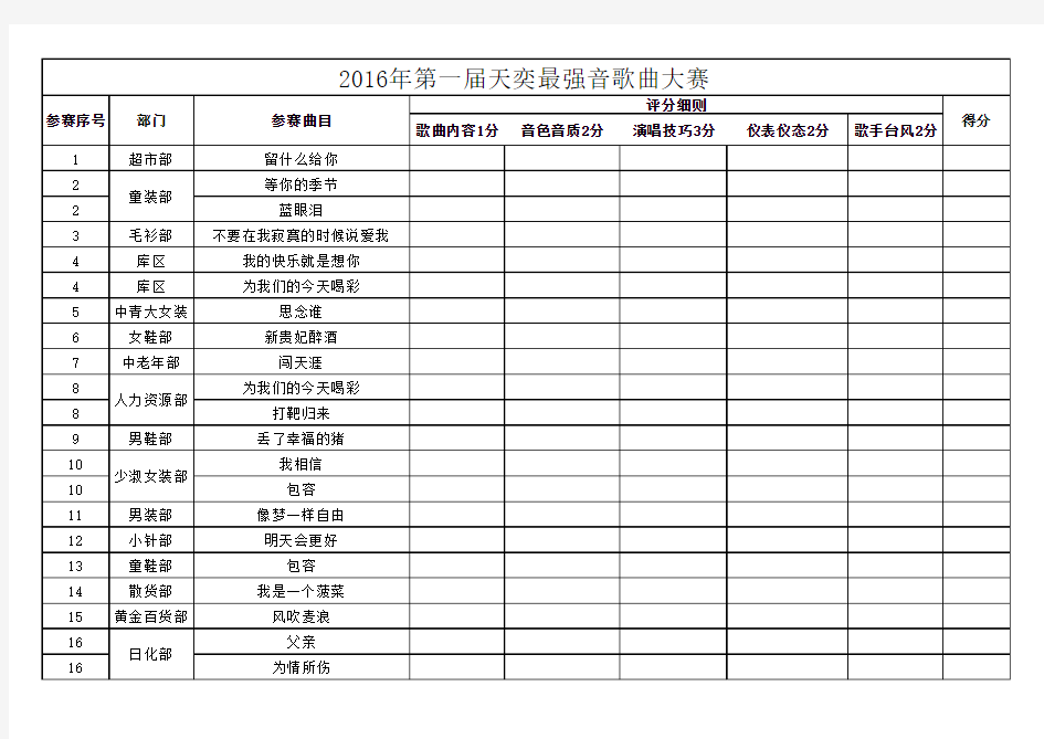 唱歌比赛评分表