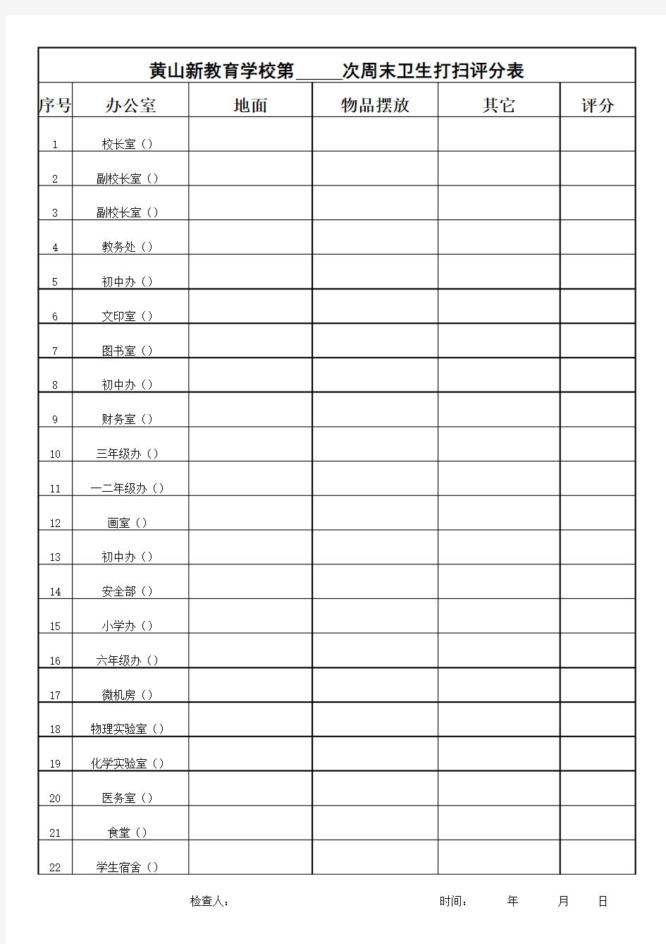 周末教师办公室卫生打扫评分表