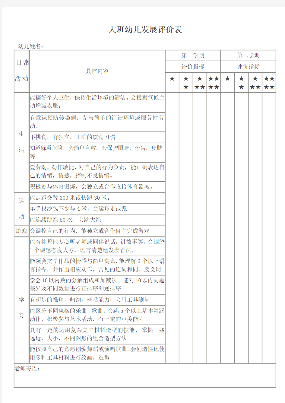 大班下学期幼儿发展评价表