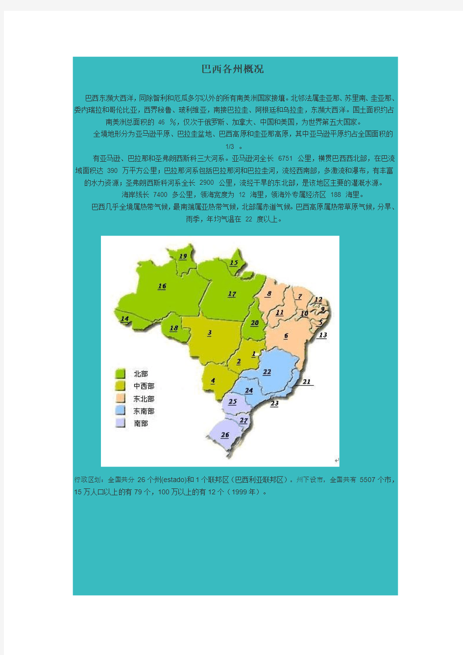 巴西地图及各州分布