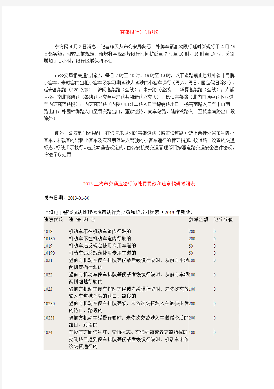 交通违法处罚罚款和违章代码对照表