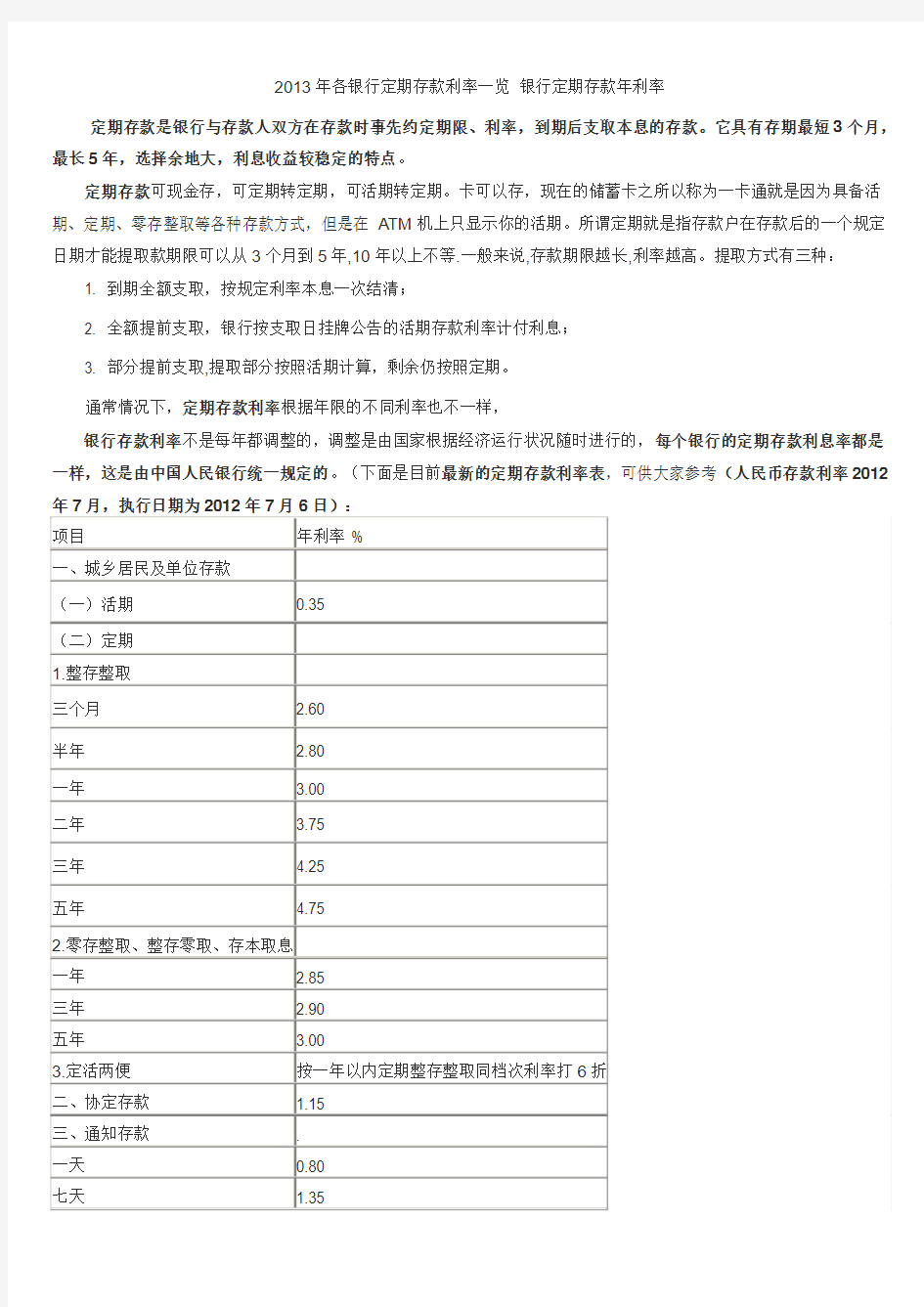 2013年各银行定期存款利率一览 银行定期存款年利率