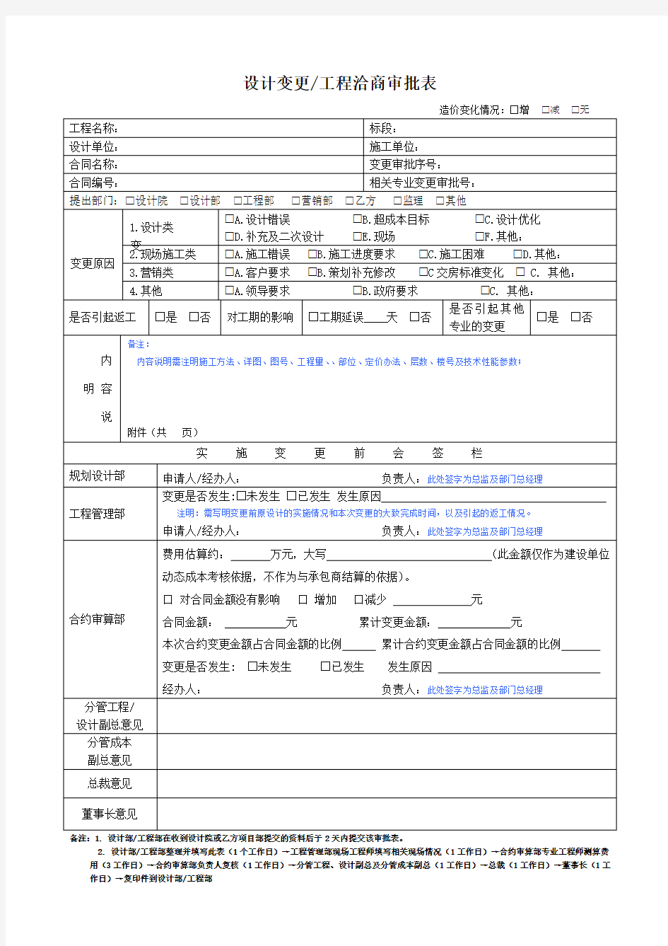 工程洽商审批单、设计变更、技术核定及现场签证相关表格