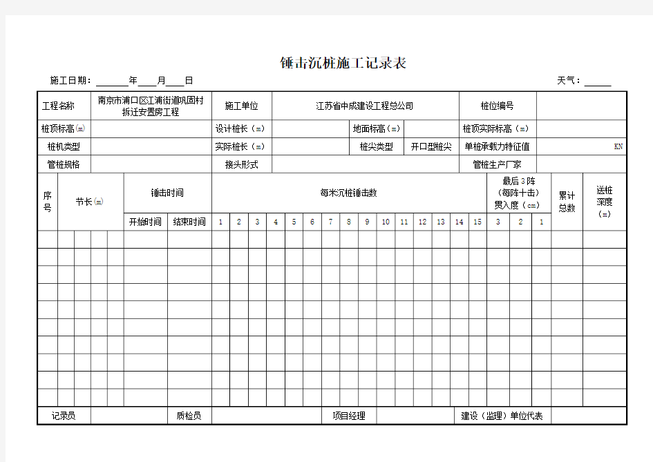 锤击沉桩施工记录表--简单版