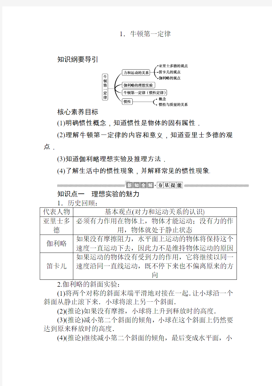 人教版物理必修一重难点考点解析4.1.牛顿第一定律