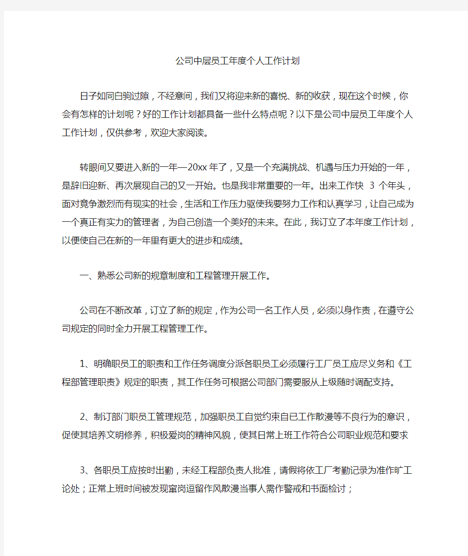 公司中层员工年度个人工作计划