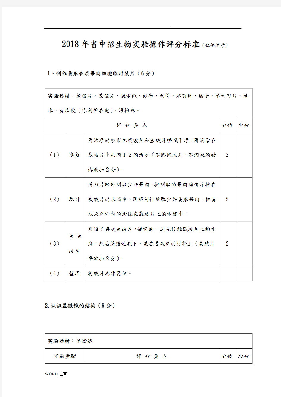 2018中考生物实验操作评分标准[详]