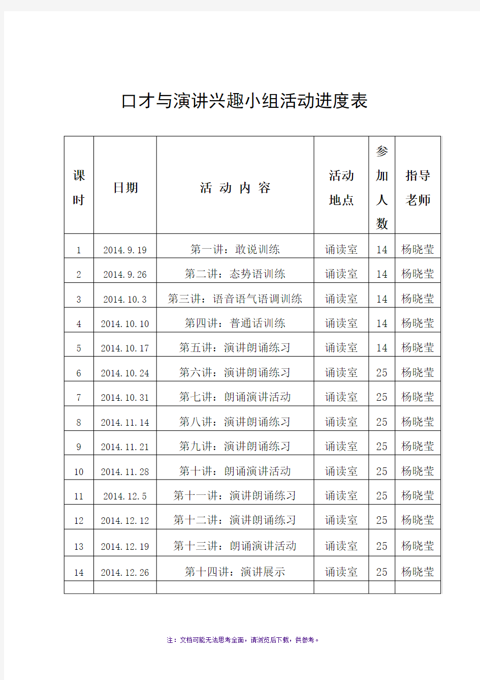 兴趣小组活动进度表-过程记录表