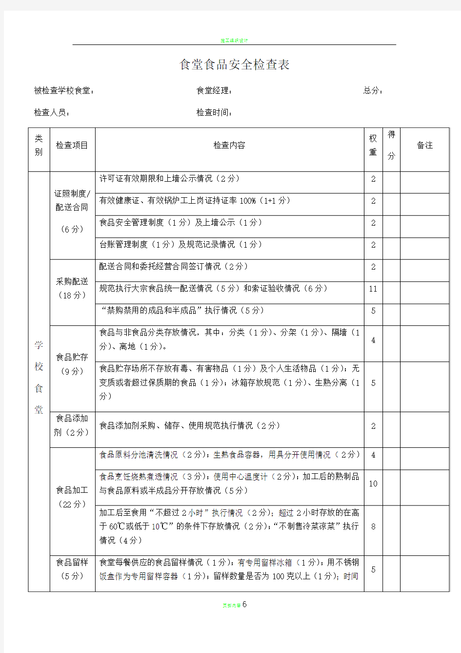 食堂日常检查表