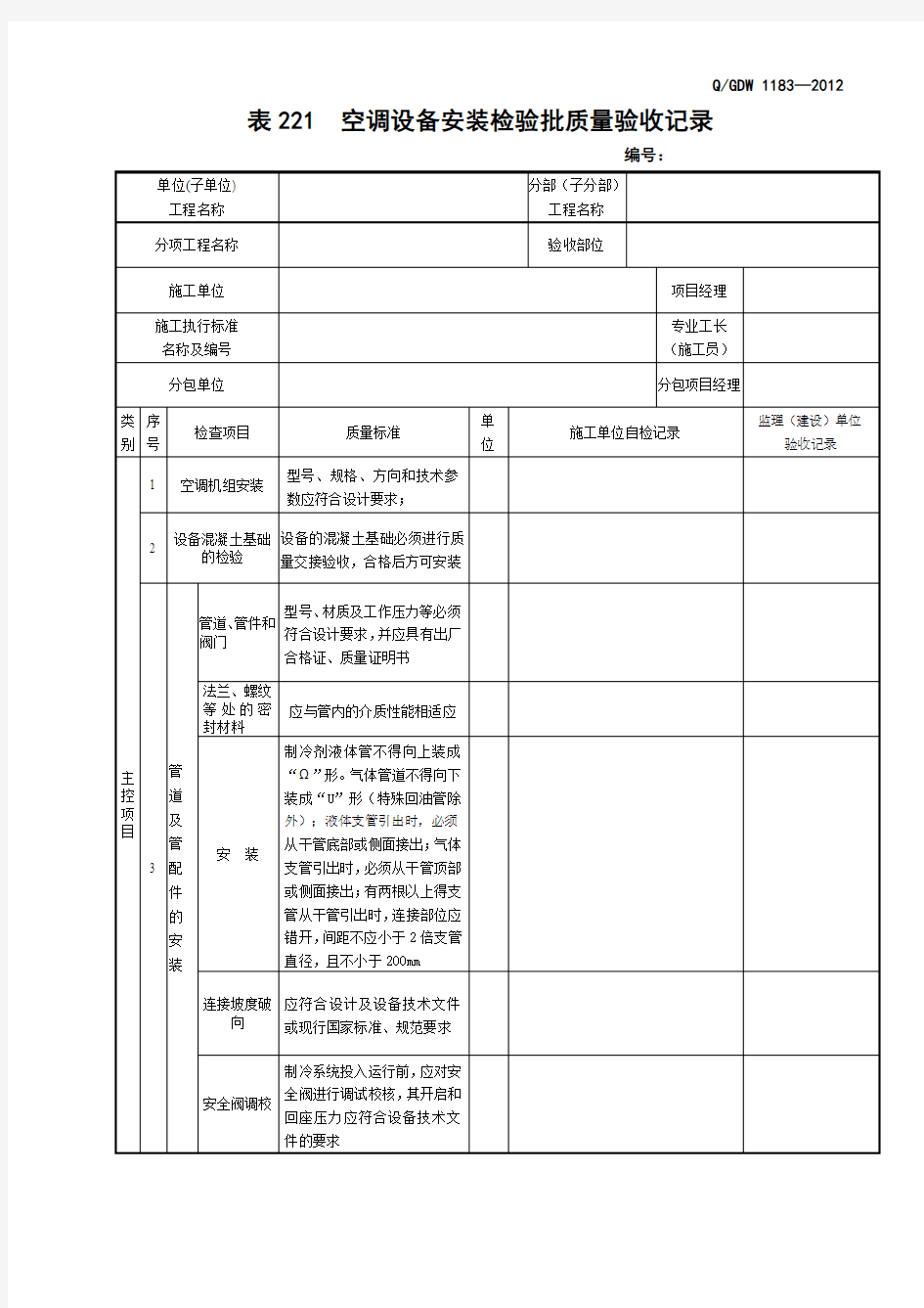 表空调设备安装检验批质量验收记录