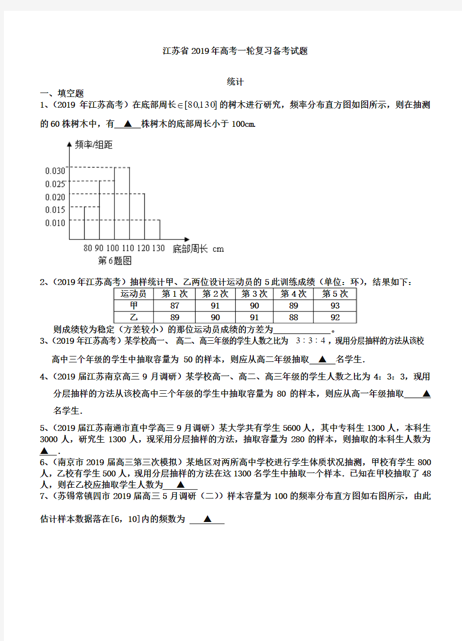 江苏省2019届高三数学一轮复习备考试题：统计(含答案解析)