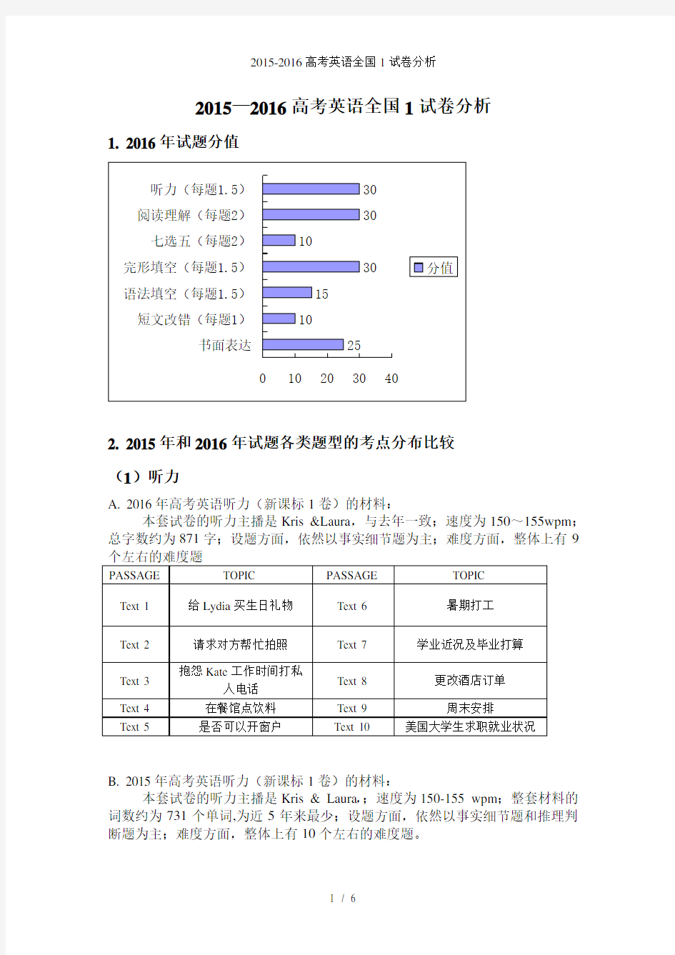 高考英语全国1试卷分析