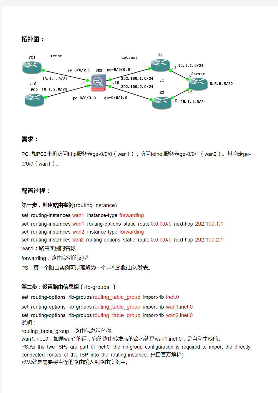 Juniper SRX防火墙双链路配置实例一