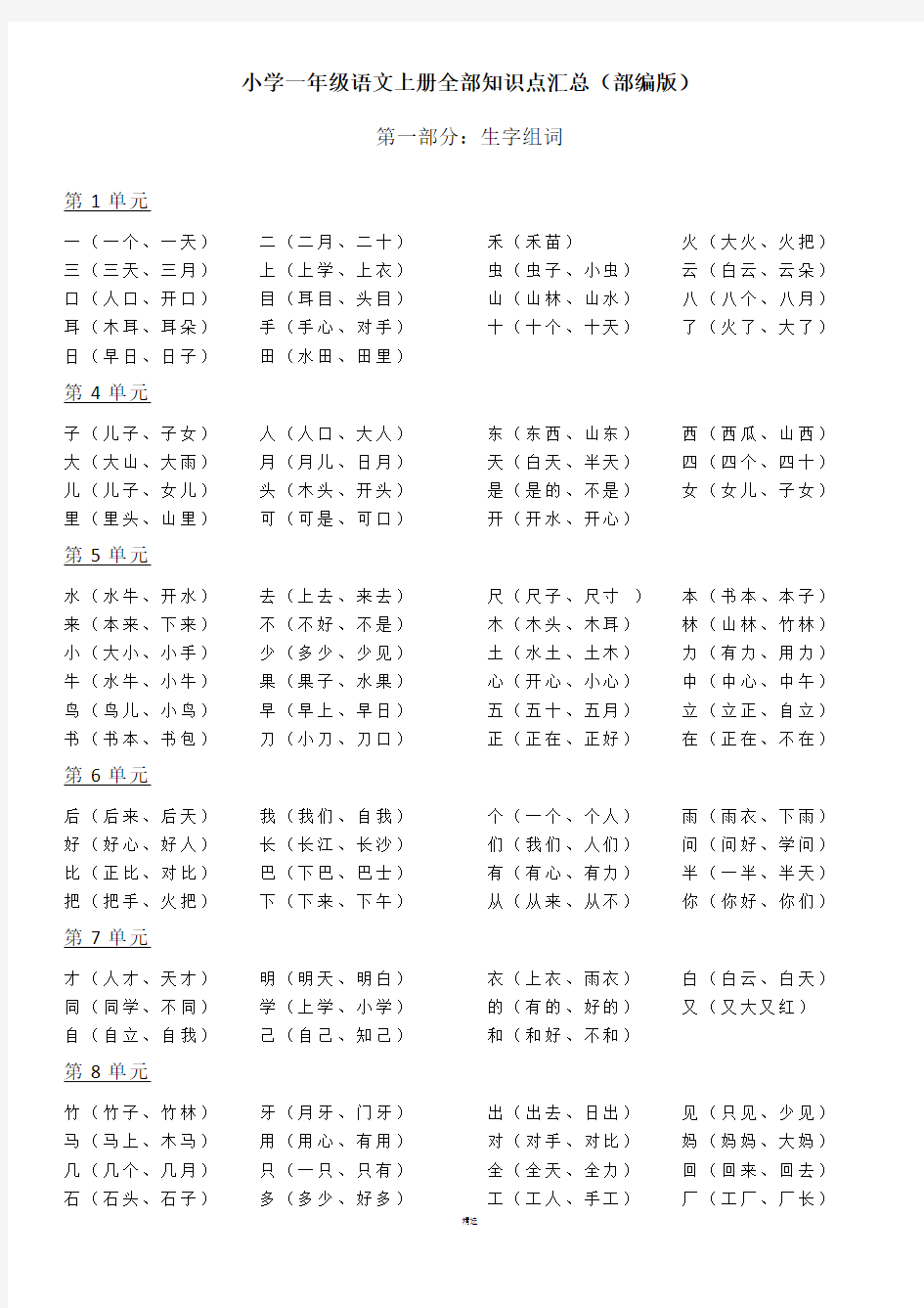 小学一年级语文上册全部知识点汇总 打印版