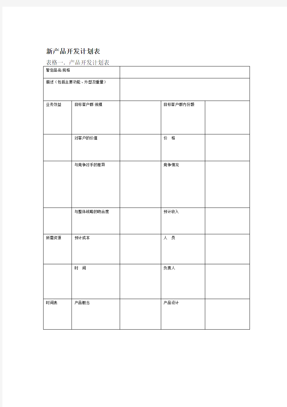 新产品开发计划表